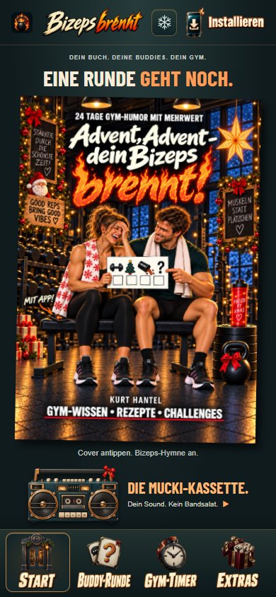 Die Bizeps-App mit dem aktuellen Buchcover, der Mucki-Kassette und der Navigation zum Gym-Timer und zur Buddy-Runde.