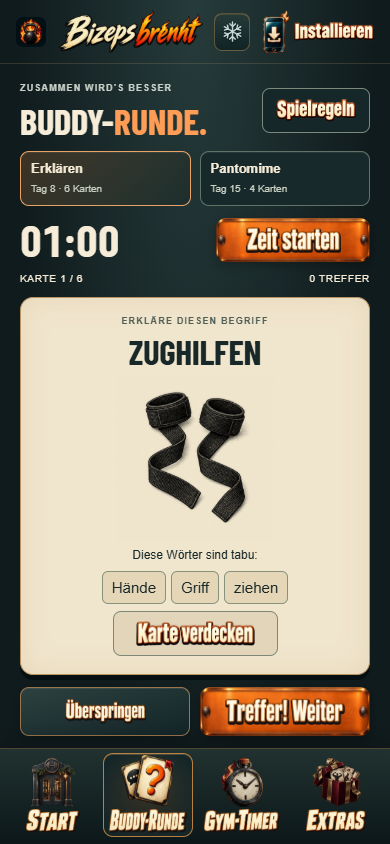 Erklärspiel in der Bizeps-Buch-App: die illustrierte Buddy-Karte Zughilfen