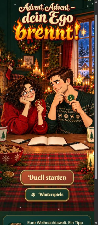 Startbild der Ego-Buch-App mit Duell und Winterspielen