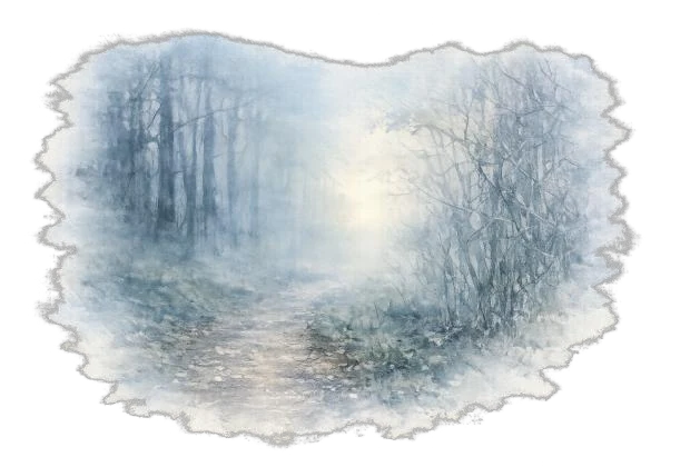 Originalillustration aus Tag 1: ein Waldweg im Morgennebel.