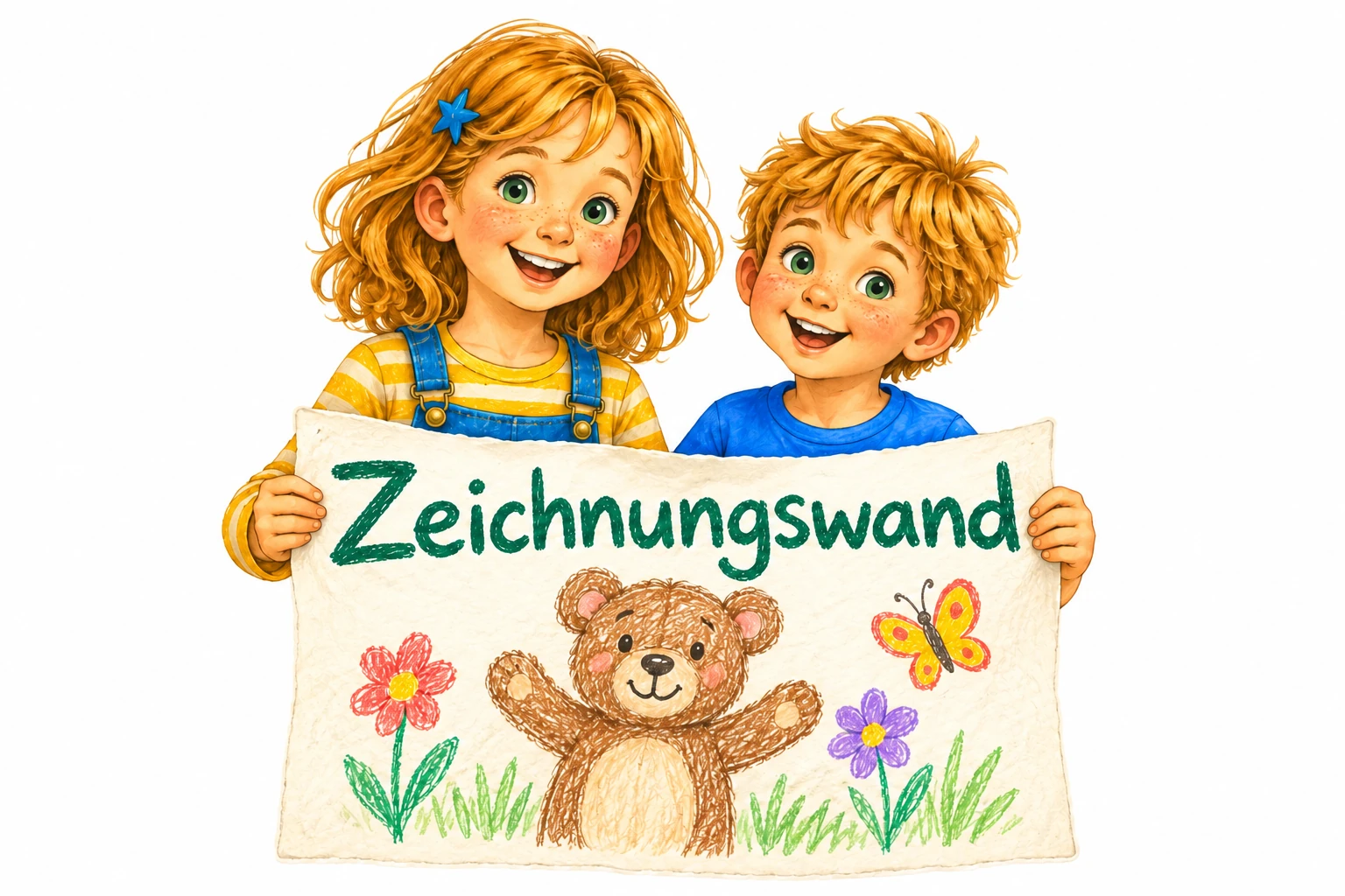 Alisha und Colin halten ein Blatt mit der Aufschrift Zeichnungswand und einer Bärenzeichnung.