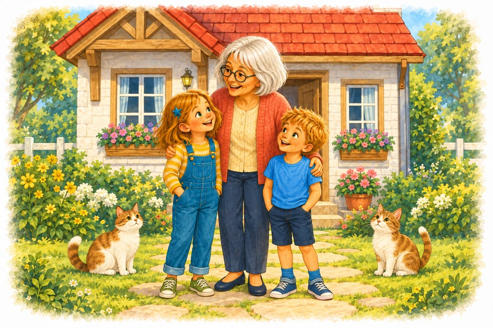 Originalillustration: Alisha, Colin und Oma Herta stehen mit den zwei Katzen vor dem Haus.