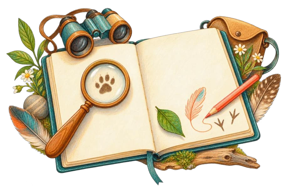 Originalillustration aus dem Forschernotizbuch: ein offenes Notizbuch mit Lupe, Fernglas und Stift.