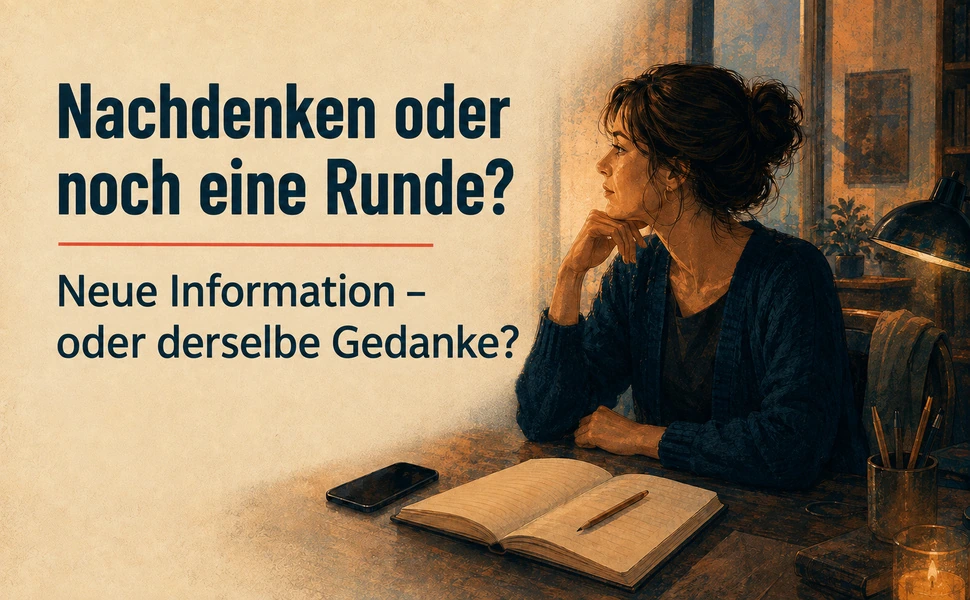 Illustration einer Frau mit Notizbuch. Nachdenken oder noch eine Runde? Neue Information – oder derselbe Gedanke?