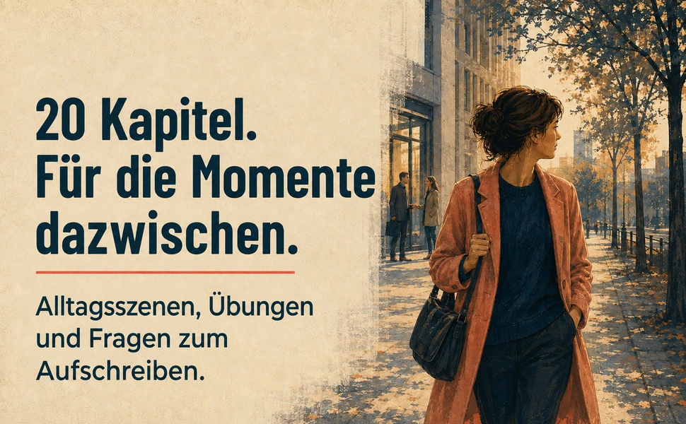 Illustration einer Frau auf dem Heimweg. 20 Kapitel für die Momente dazwischen, mit Alltagsszenen, Übungen und Fragen zum Aufschreiben.